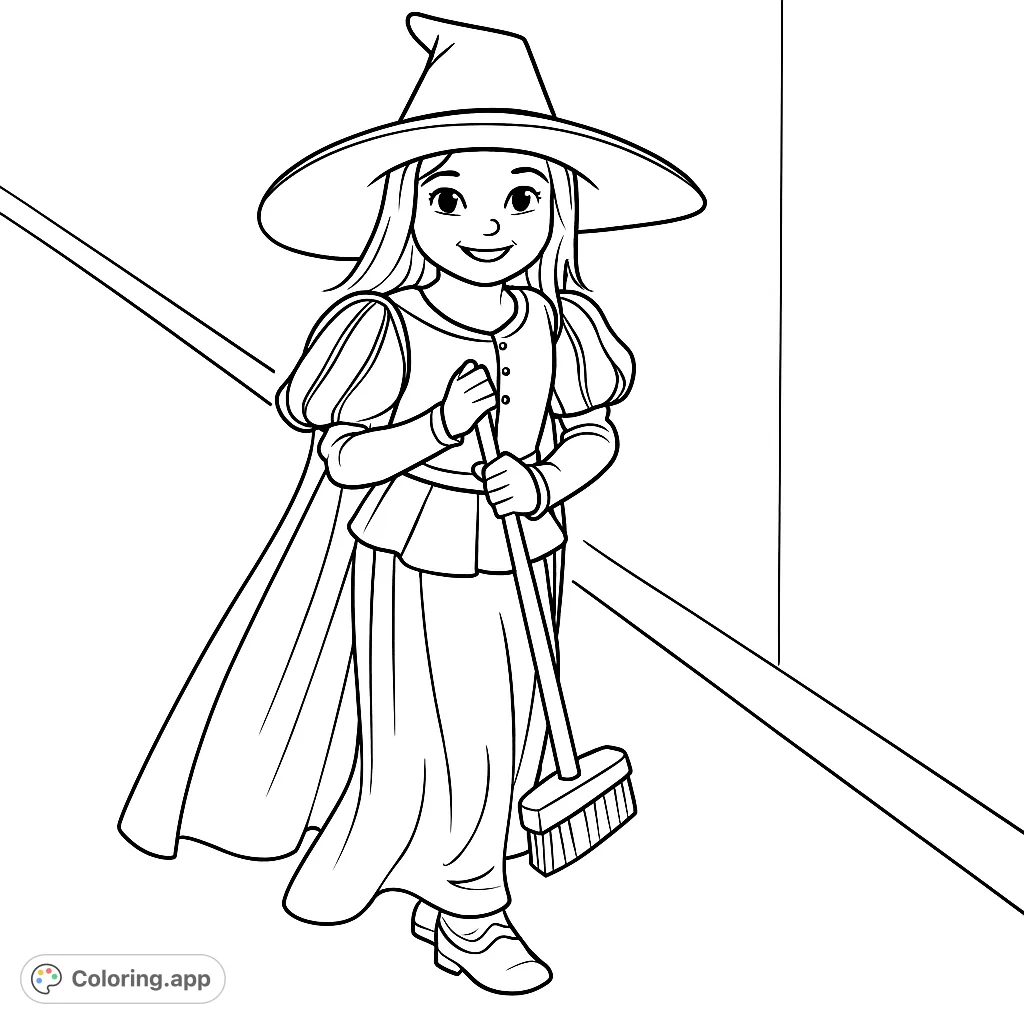 A delightful coloring page featuring a young witch in a classic costume, holding her broom and ready for adventure. Perfect for Halloween fun!