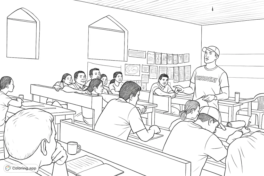 Engage in a detailed classroom scene featuring an instructor leading a session with attentive students. Perfect for exploring educational themes and community learning.