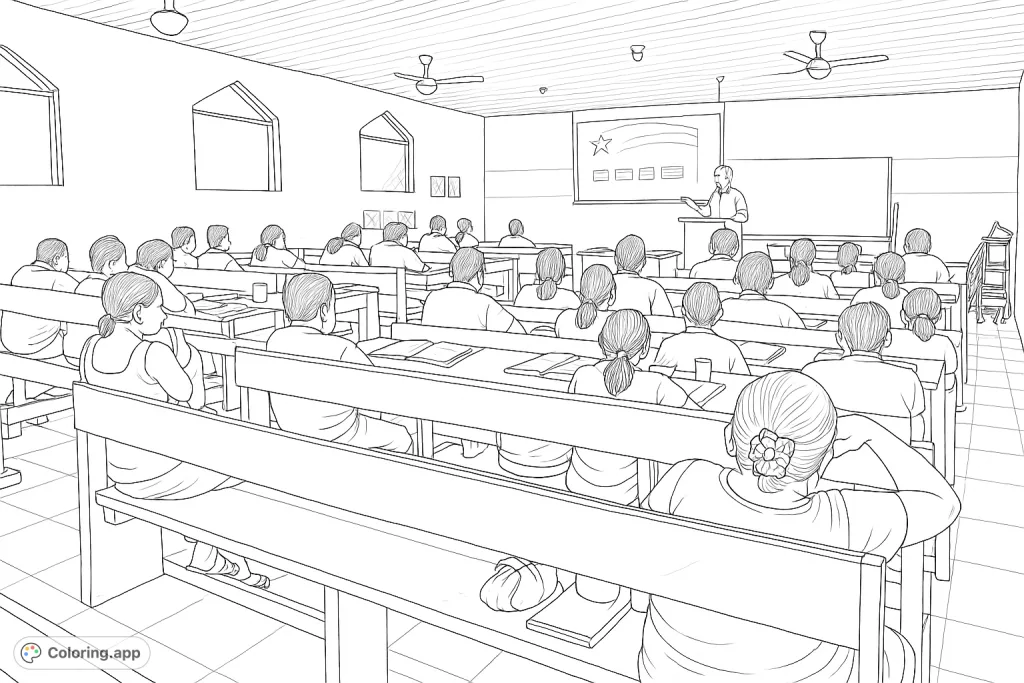 A detailed community learning session coloring page featuring a group of people seated in rows, listening to a speaker at the front of a room with windows and a projector.