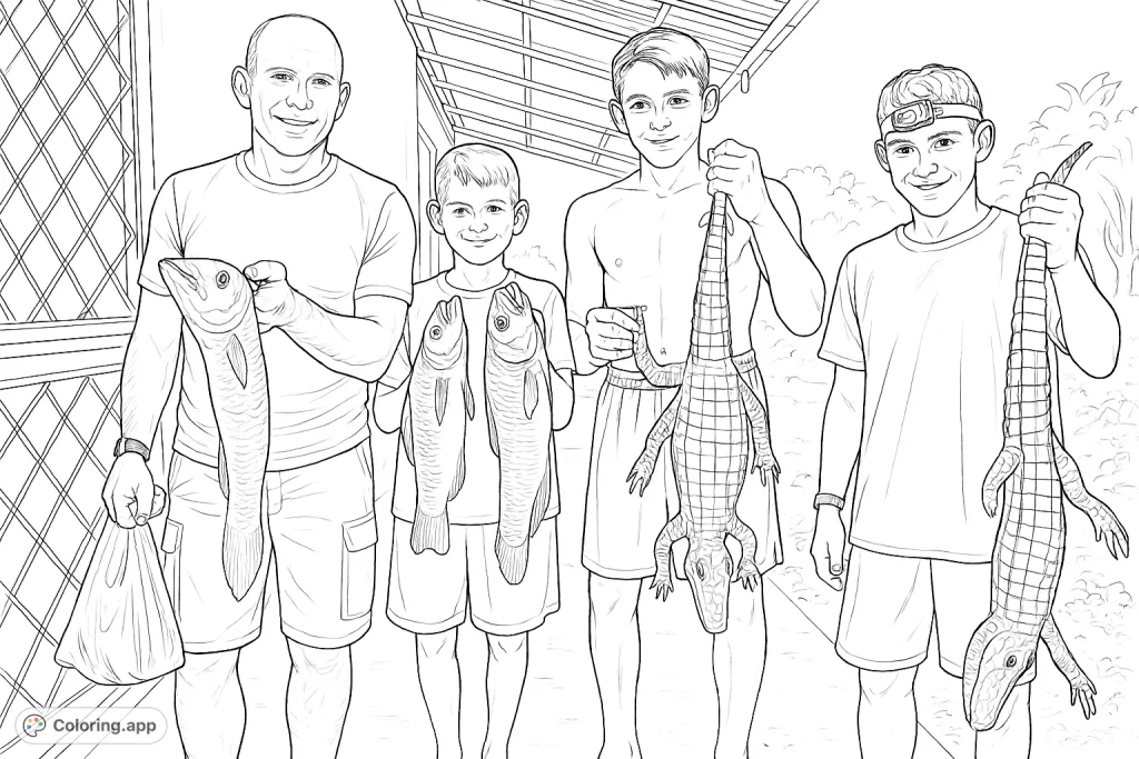 Four individuals proudly display their nighttime catch, including various fish and two alligator-like reptiles, set against a dark outdoor backdrop.