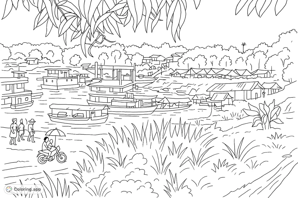 Explore a bustling riverside scene with numerous boats, a busy dock, and lush jungle surroundings. A captivating free printable river village coloring page.