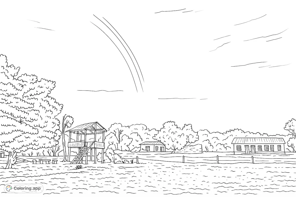 A serene tropical village scene featuring rustic buildings, lush trees, and a faint arc in the sky, perfect for a relaxing coloring experience.