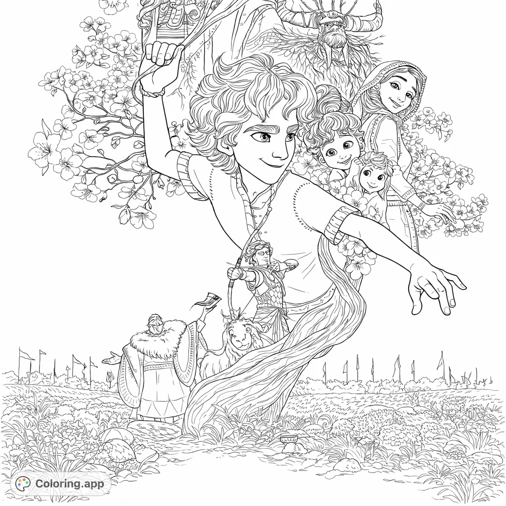 An epic David coloring page featuring David, family, and iconic characters amidst flowering trees and a vast landscape with a distant army. Free printable coloring page for adventure.