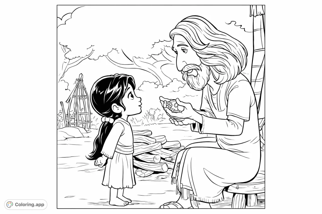 Discover a heartwarming moment between a man and a girl sharing a small plant sprout. A delightful scene for creative coloring.