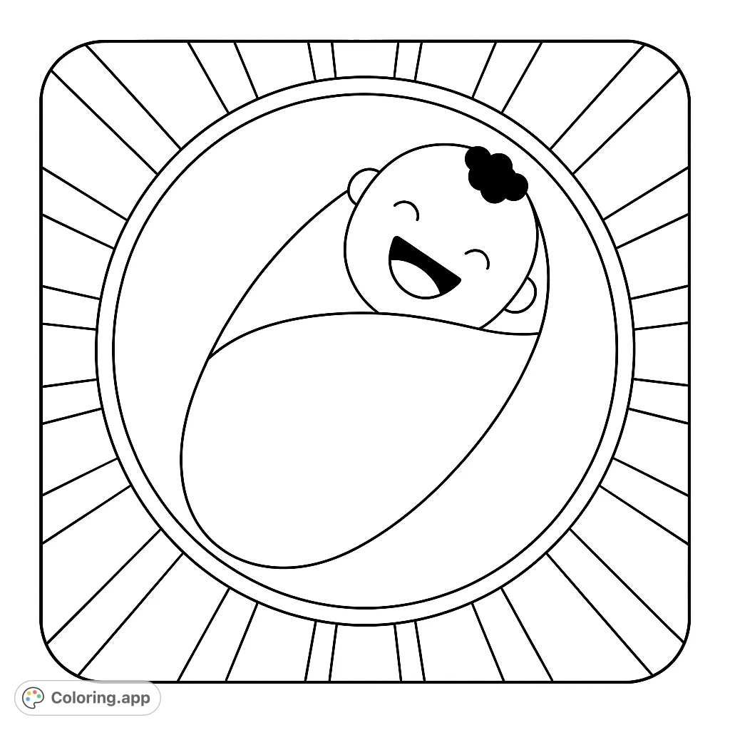 A heartwarming baby coloring page featuring a cheerful swaddled newborn framed by a radiant design. Perfect for celebrating new arrivals and innocent joy.