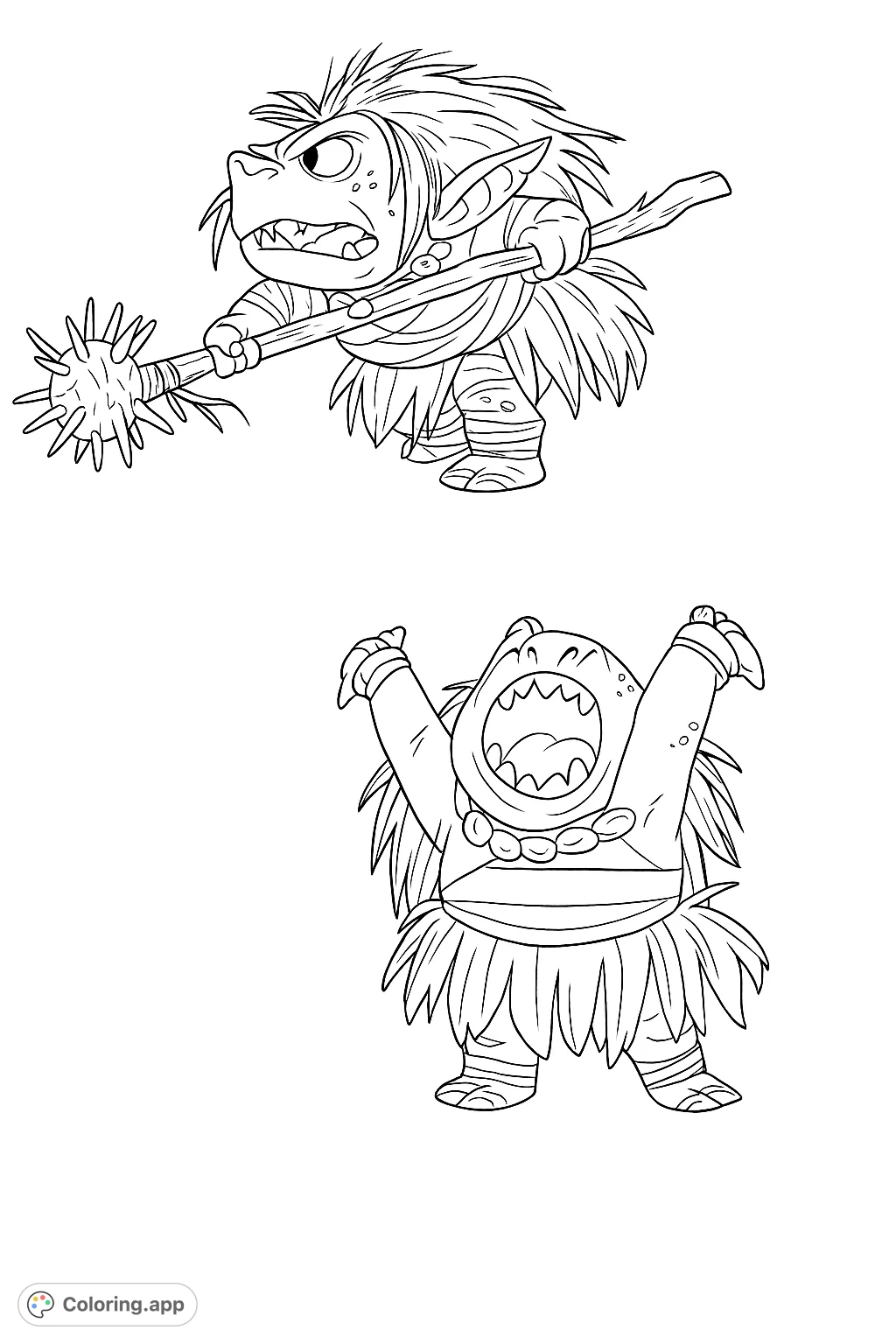 Discover two whimsical troll characters, one with a spiked club and another shouting with glee. A fun fantasy coloring page for all ages!