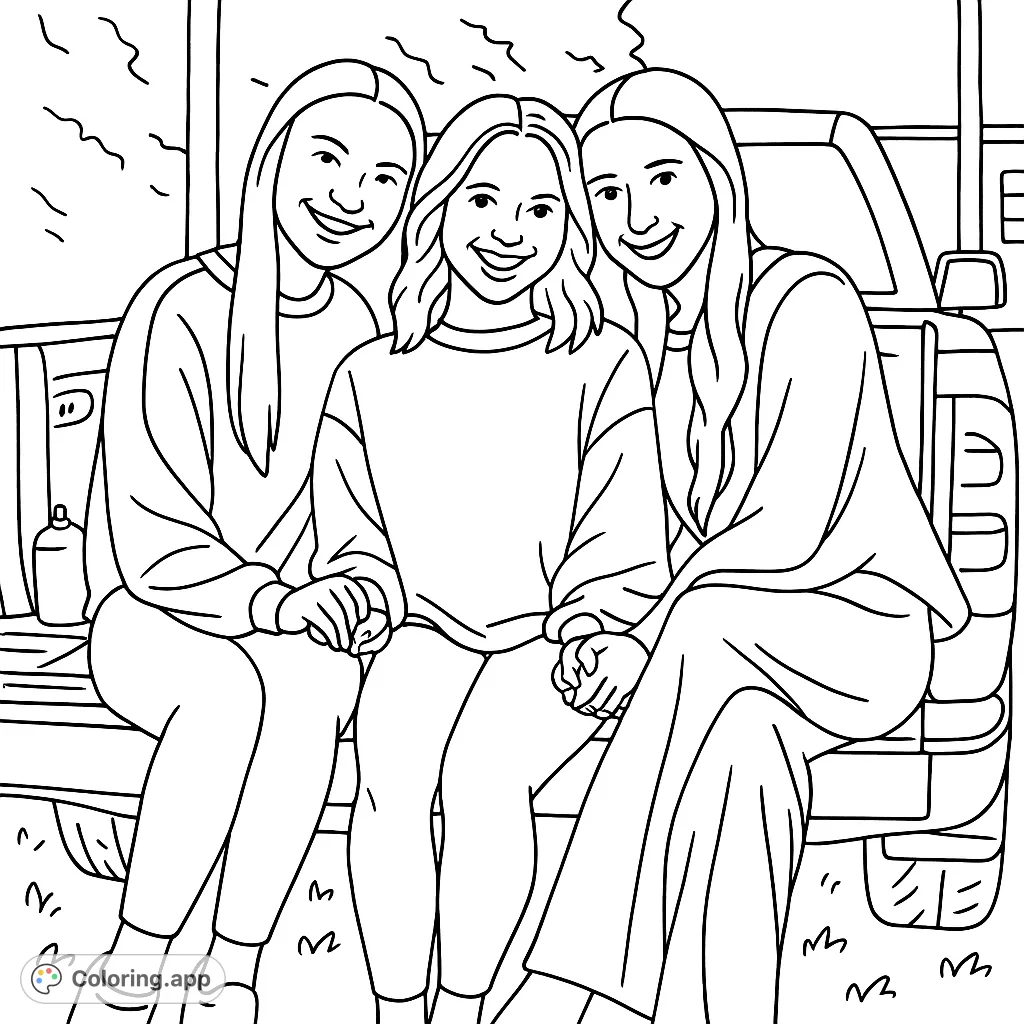 A cheerful scene of three friends sitting together on a truck tailgate, sharing a moment of connection. A fun and simple design for all ages.