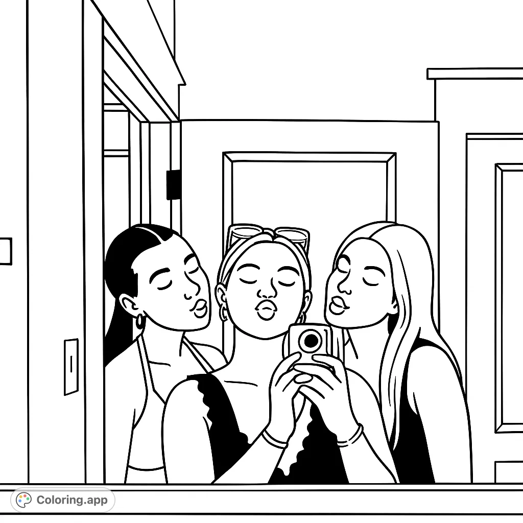 Capture the fun of friendship with this cartoony coloring page featuring three friends striking playful poses in a mirror selfie. Perfect for creative expression!