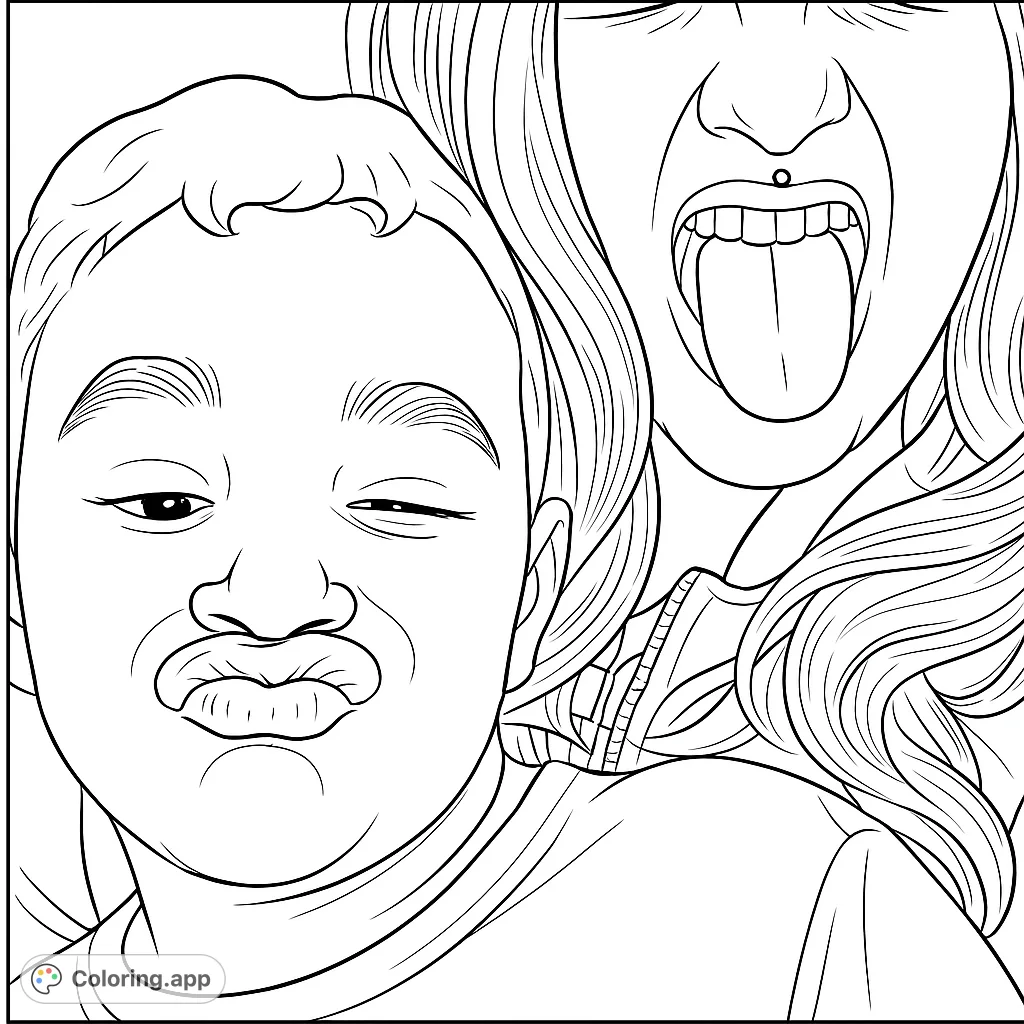 A fun coloring page featuring a child making a puckered face and an adult with a tongue out. Perfect for playful moments and creative expression.