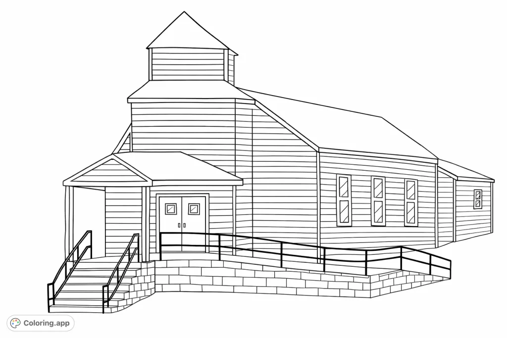 Explore a charming historic building featuring a prominent tower, inviting porch, and textured siding, set upon a stone foundation. A delightful architectural scene for coloring.
