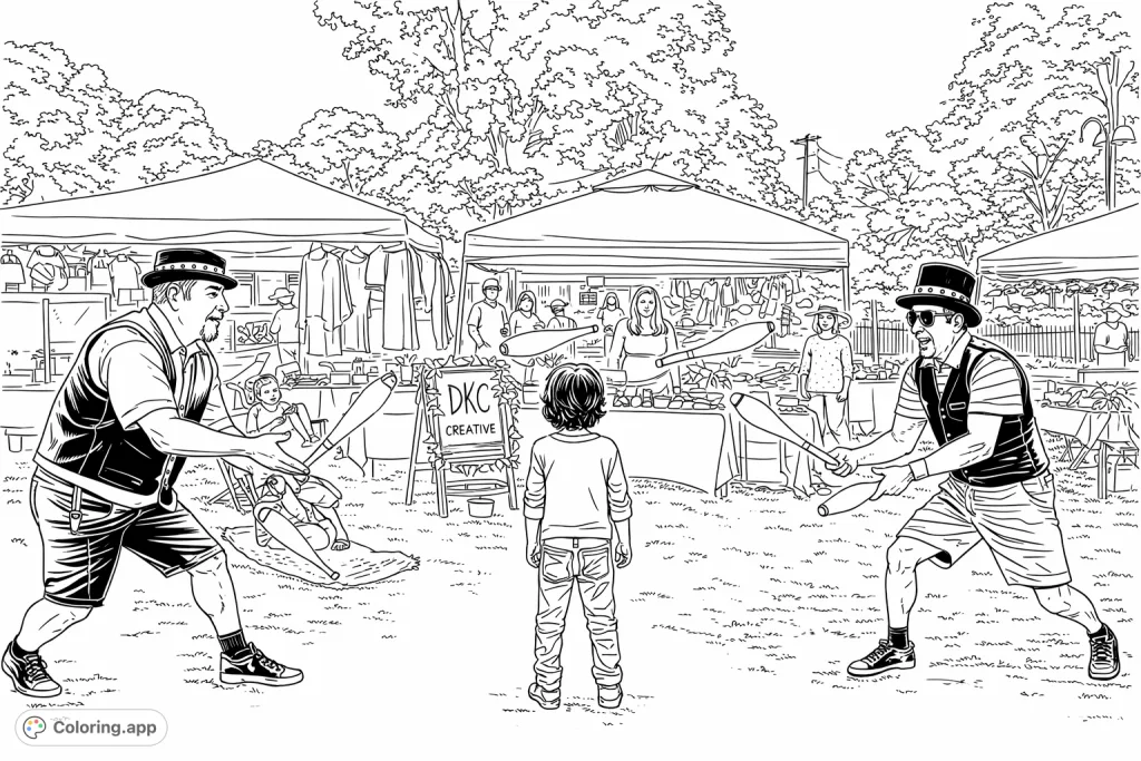 Experience the lively atmosphere of a festival with two skilled jugglers entertaining a young spectator amidst market stalls and happy crowds.