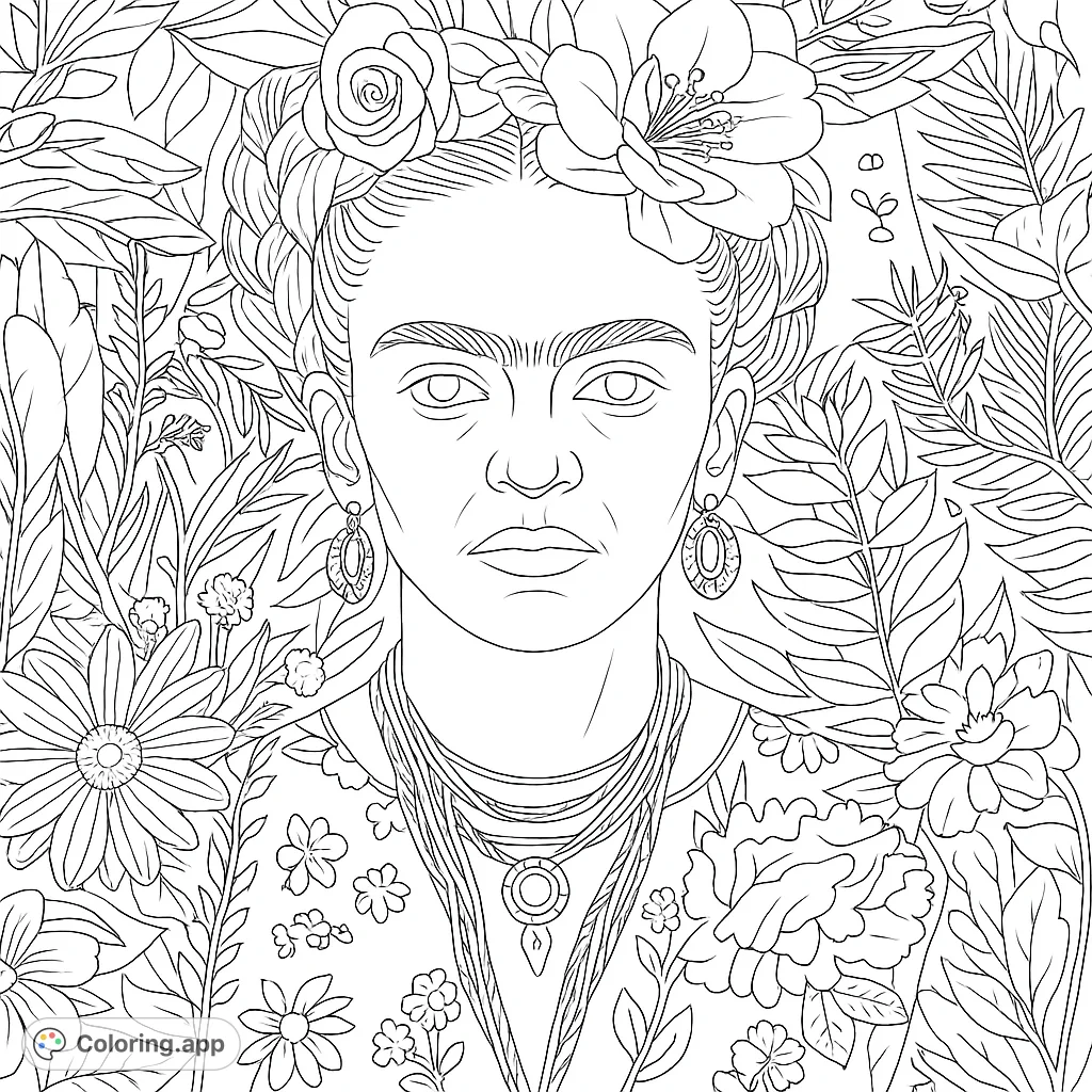 A striking portrait of a woman with braided hair adorned with flowers, surrounded by lush foliage and intricate jewelry. A captivating artistic tribute.