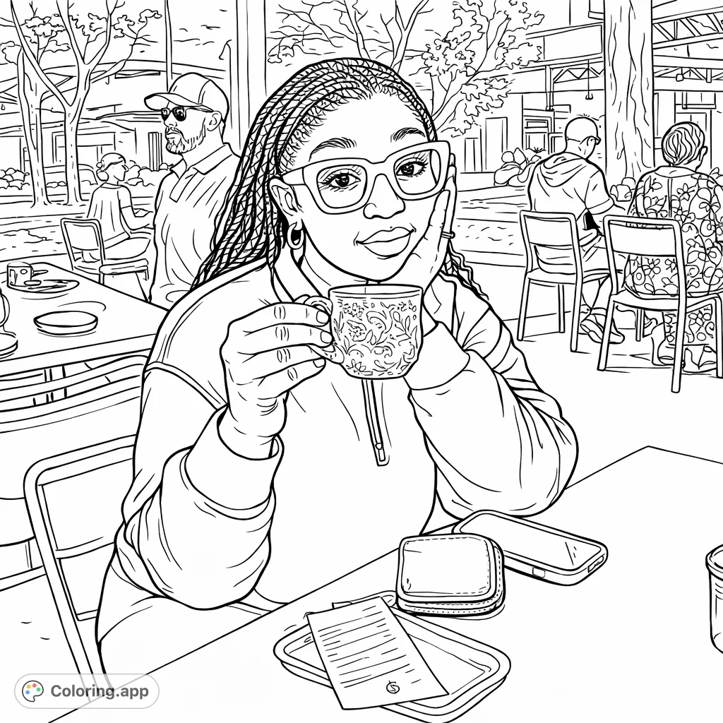 Discover a detailed urban cafe coloring page featuring a person with unique glasses and a patterned cup. Ideal for mindfulness and creative expression.