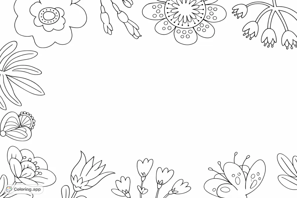 A delightful floral frame coloring page featuring whimsical flowers and leaves, perfect for adding a personal touch to any project.