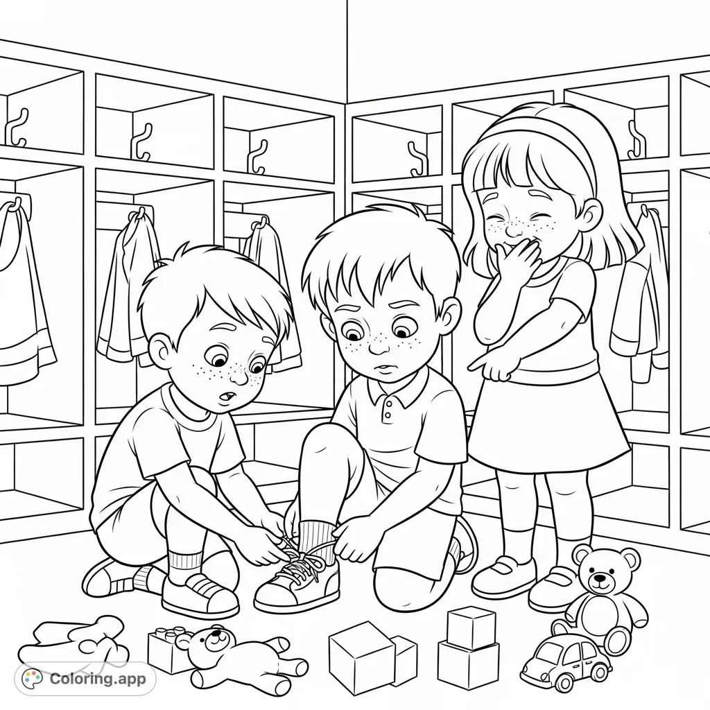 Capture a moment of playful sibling mischief in a daycare. A younger boy unties his older brother's shoelace while their sister giggles nearby.
