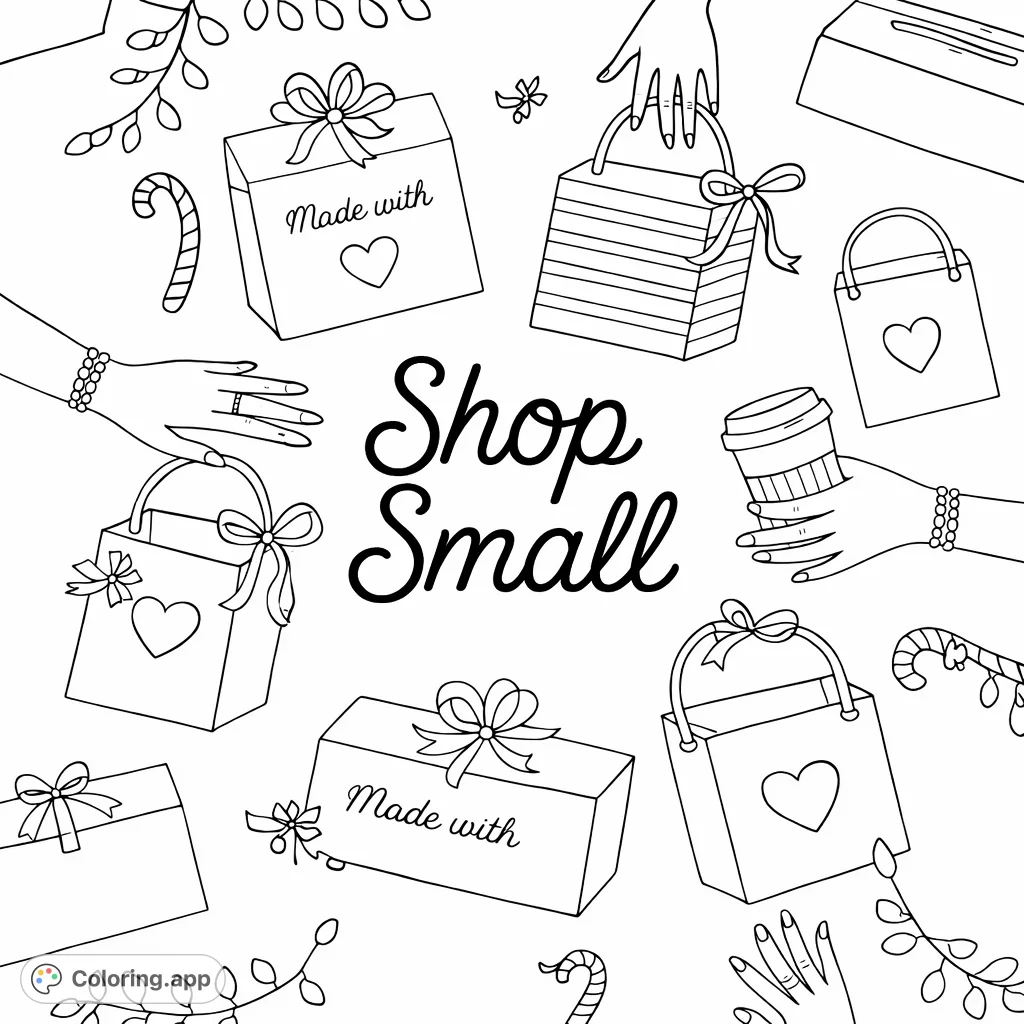 Celebrate local businesses with this delightful Shop Small coloring page, featuring hands holding festive gifts, shopping bags, a coffee cup, and holiday decorations.