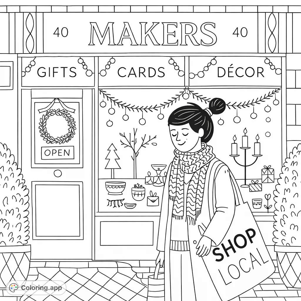 Explore a delightful shop front scene with a person carrying purchases, surrounded by festive decorations and unique items in the display window.