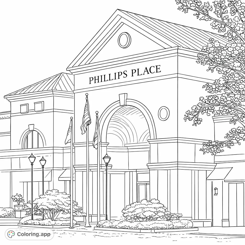Color this elegant building entrance featuring classical architecture, prominent flags, and lush landscaping, perfect for detailed artistic expression.