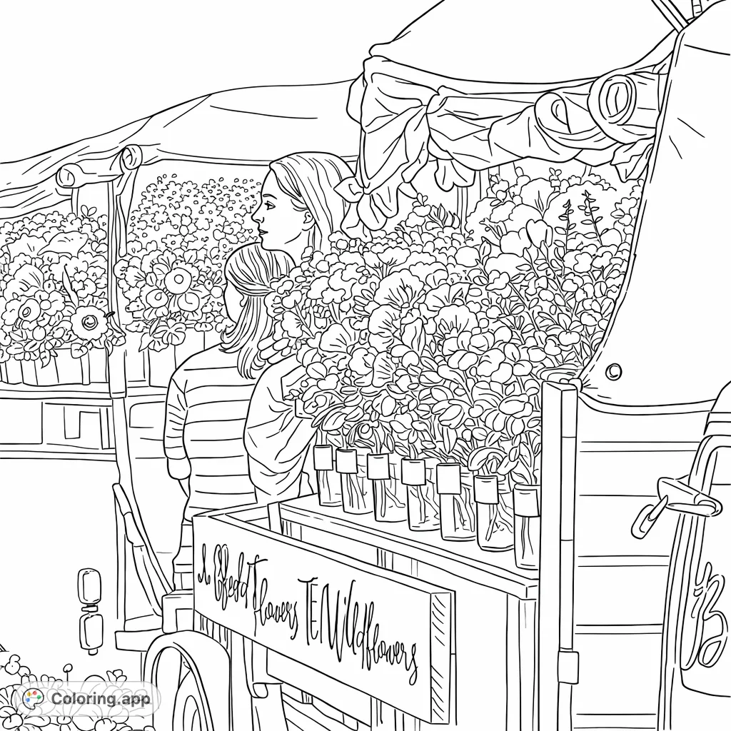 Immerse yourself in a charming flower market scene, featuring abundant bouquets, rustic wooden details, and a vintage vehicle. A delightful floral coloring adventure.