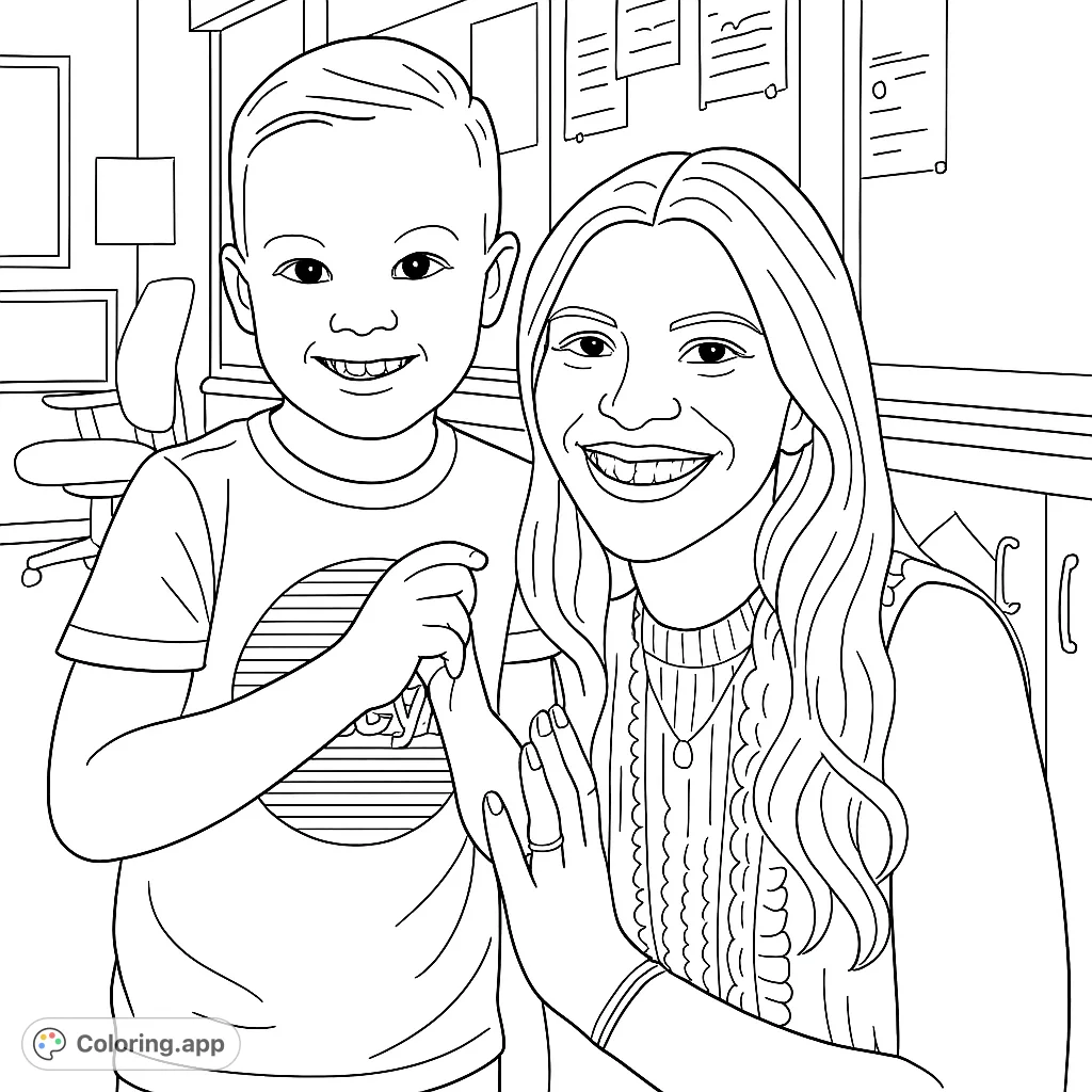 A cheerful coloring page featuring a smiling boy and woman in a classroom setting. Celebrate happy memories and school connections with this heartwarming scene.