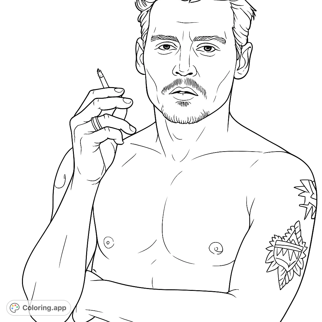 A striking portrait of a man with a cigarette, featuring detailed facial hair and arm patterns. Perfect for adult colorists.