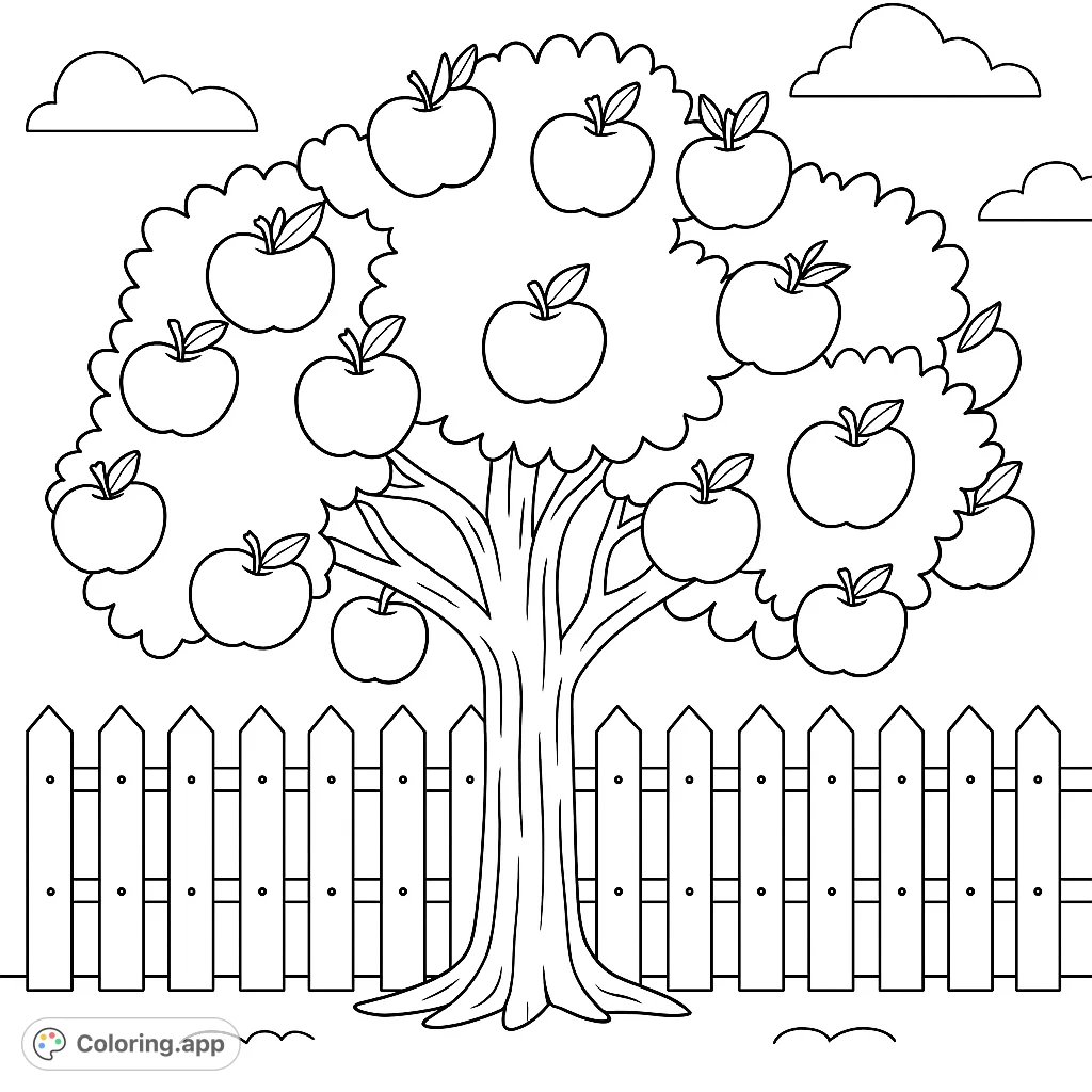 A charming apple tree laden with fruit, set against a simple fence and clouds. Perfect for a relaxing nature-themed coloring page.