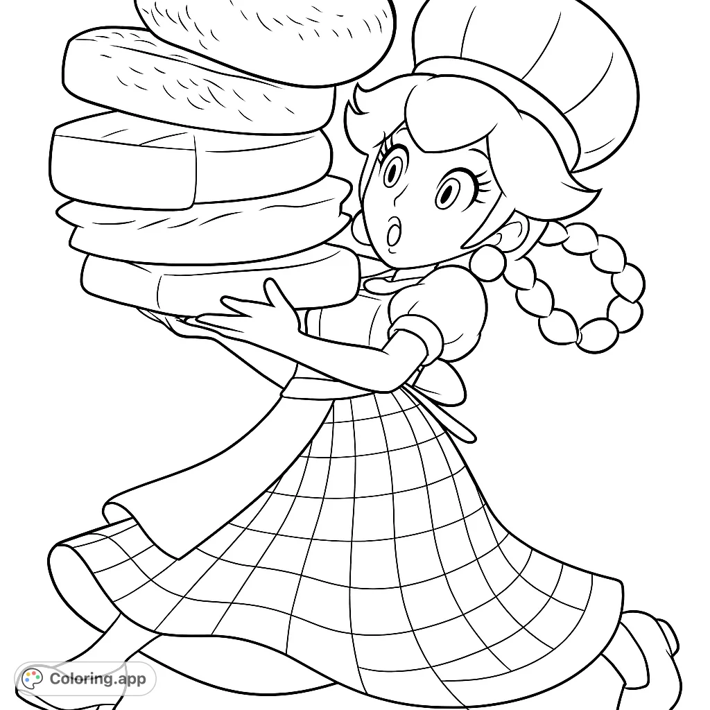A charming baker character holds a towering stack of delicious-looking donuts, perfect for a sweet coloring adventure. A delightful baking coloring page.