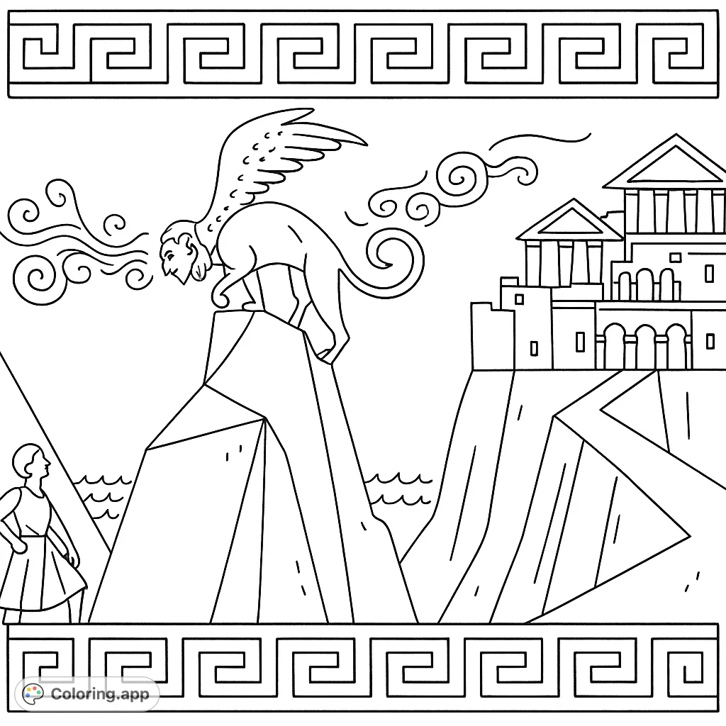 Encounter a majestic sphinx perched on a rocky peak, overlooking an ancient city. A captivating scene inspired by classical mythology, perfect for detailed coloring.