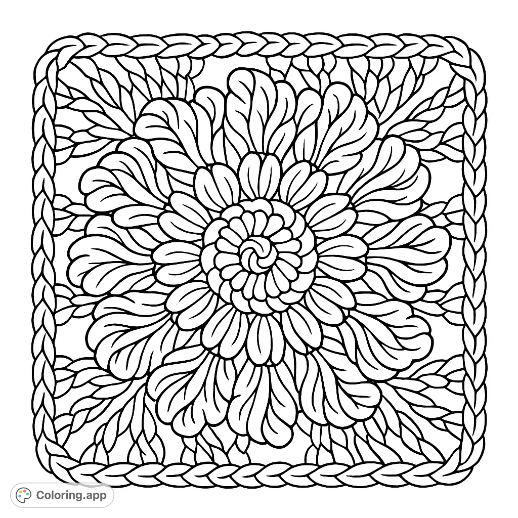 An intricate crochet flower granny square with layered petals and textured stitches, set on a rustic wooden surface. Perfect for detailed coloring.