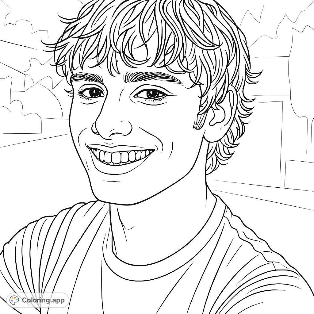 A cheerful young man with a bright smile and wavy hair, perfect for a portrait coloring page. Express your creativity with this engaging design.