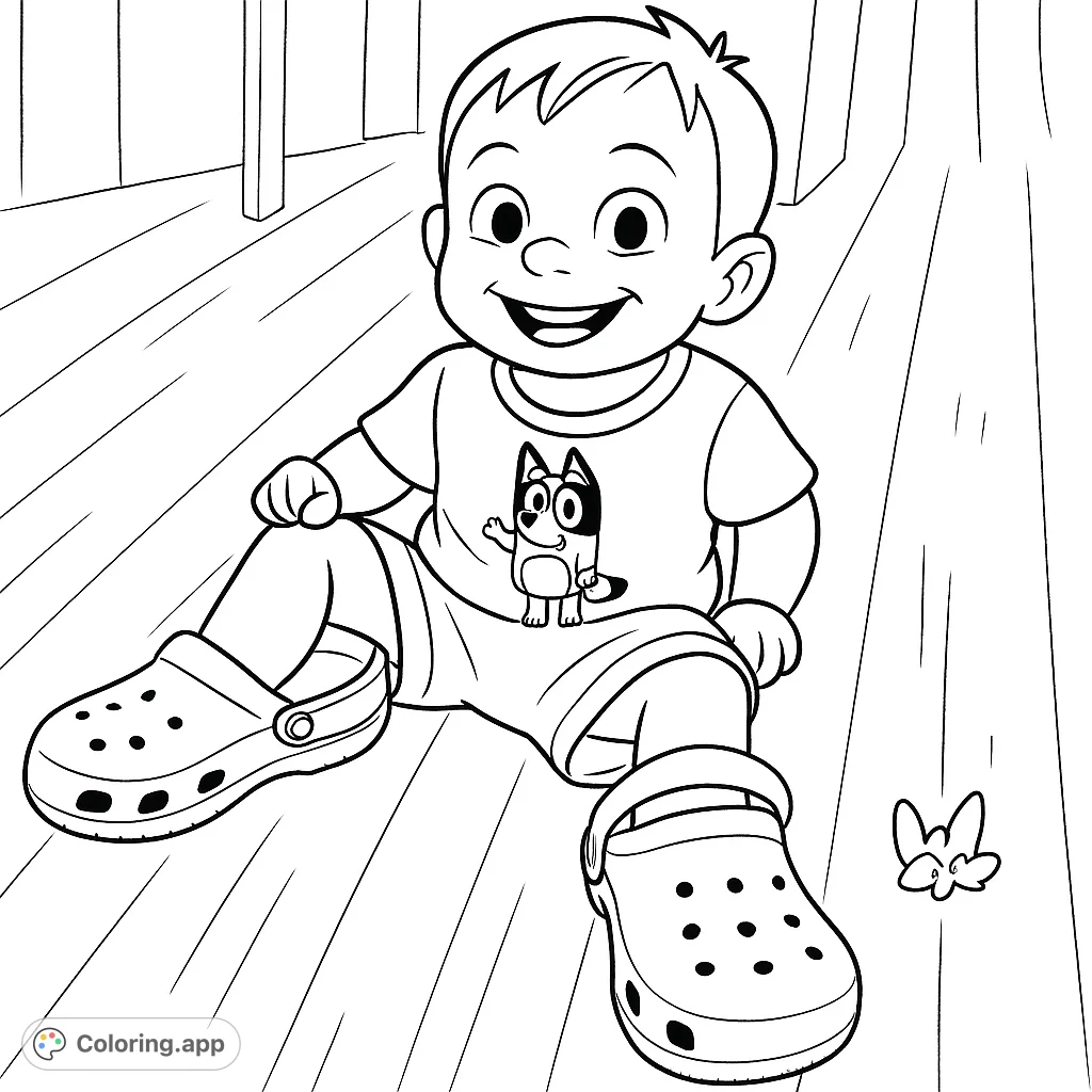 A cheerful toddler sits on a wooden floor, playfully wearing oversized clogs. A simple, cartoony scene with bold outlines, perfect for young artists.
