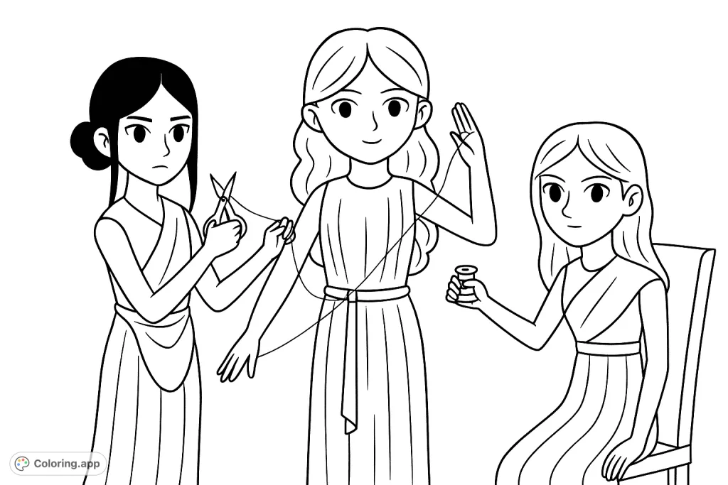Join three friends in a charming crafting scene, meticulously working with thread and scissors. A delightful design for creative minds to color and bring to life.