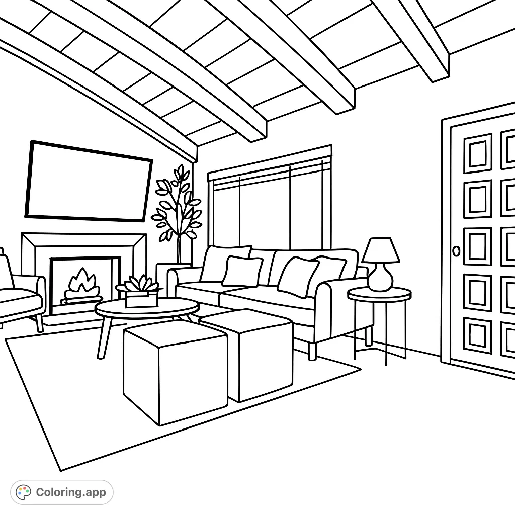 Explore a cozy living room with a fireplace, sofa, and vaulted ceiling. Perfect for a relaxing coloring session, bringing warmth and comfort to life.