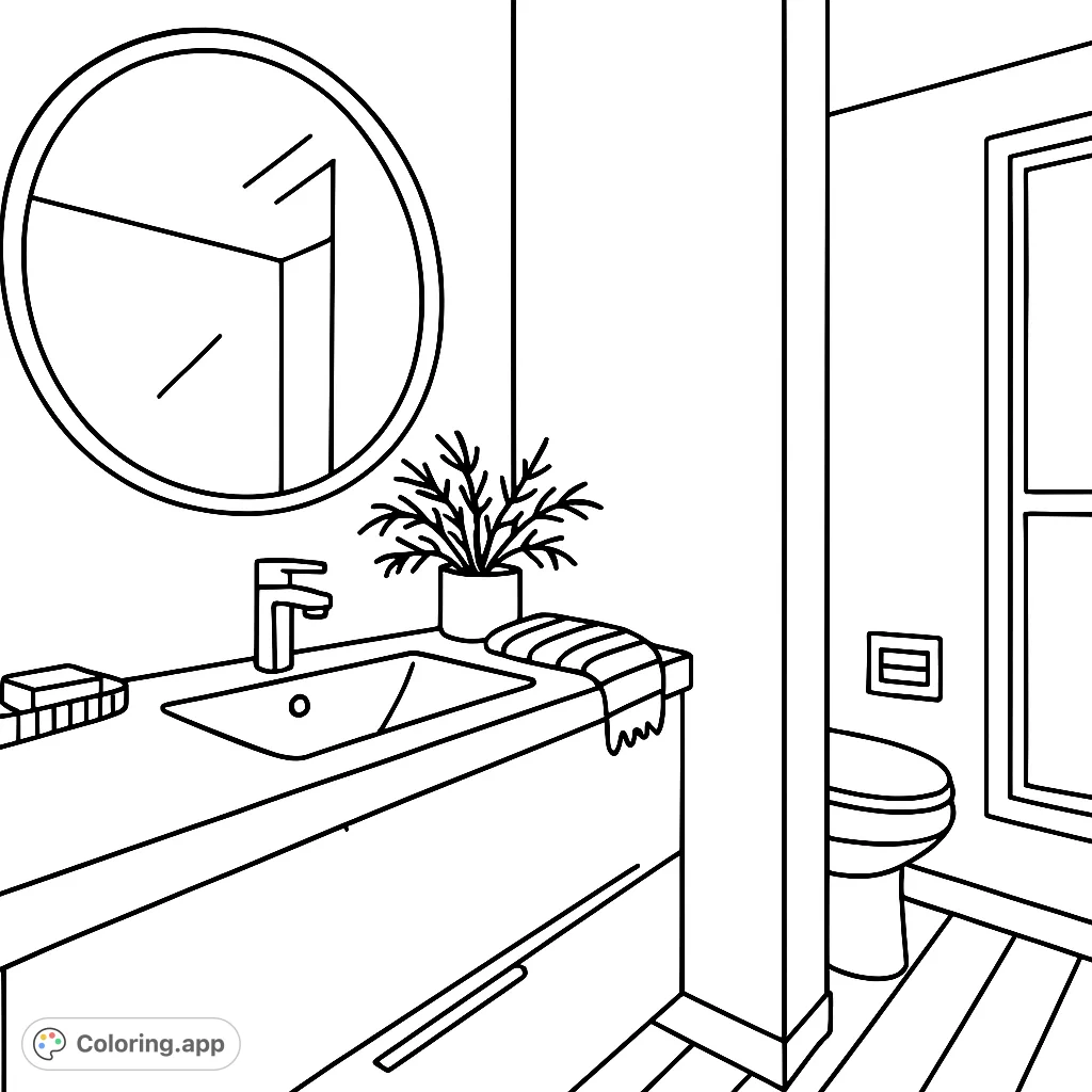 Explore a modern bathroom scene featuring a sleek vanity, round mirror, and a potted plant. A perfect free printable coloring page for home decor enthusiasts.
