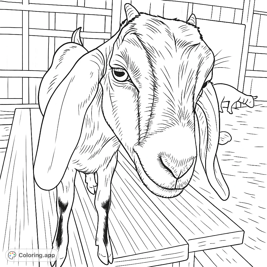 Capture the charm of a young goat with long ears and expressive eyes, standing on a wooden platform in a barn setting. A delightful farm animal coloring page.
