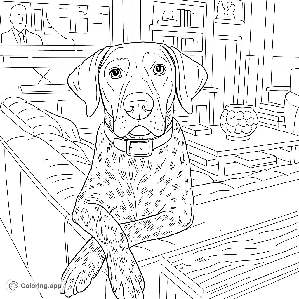 An attentive spotted dog sits calmly on a couch, paws crossed, observing its surroundings. A charming scene for animal lovers to color.