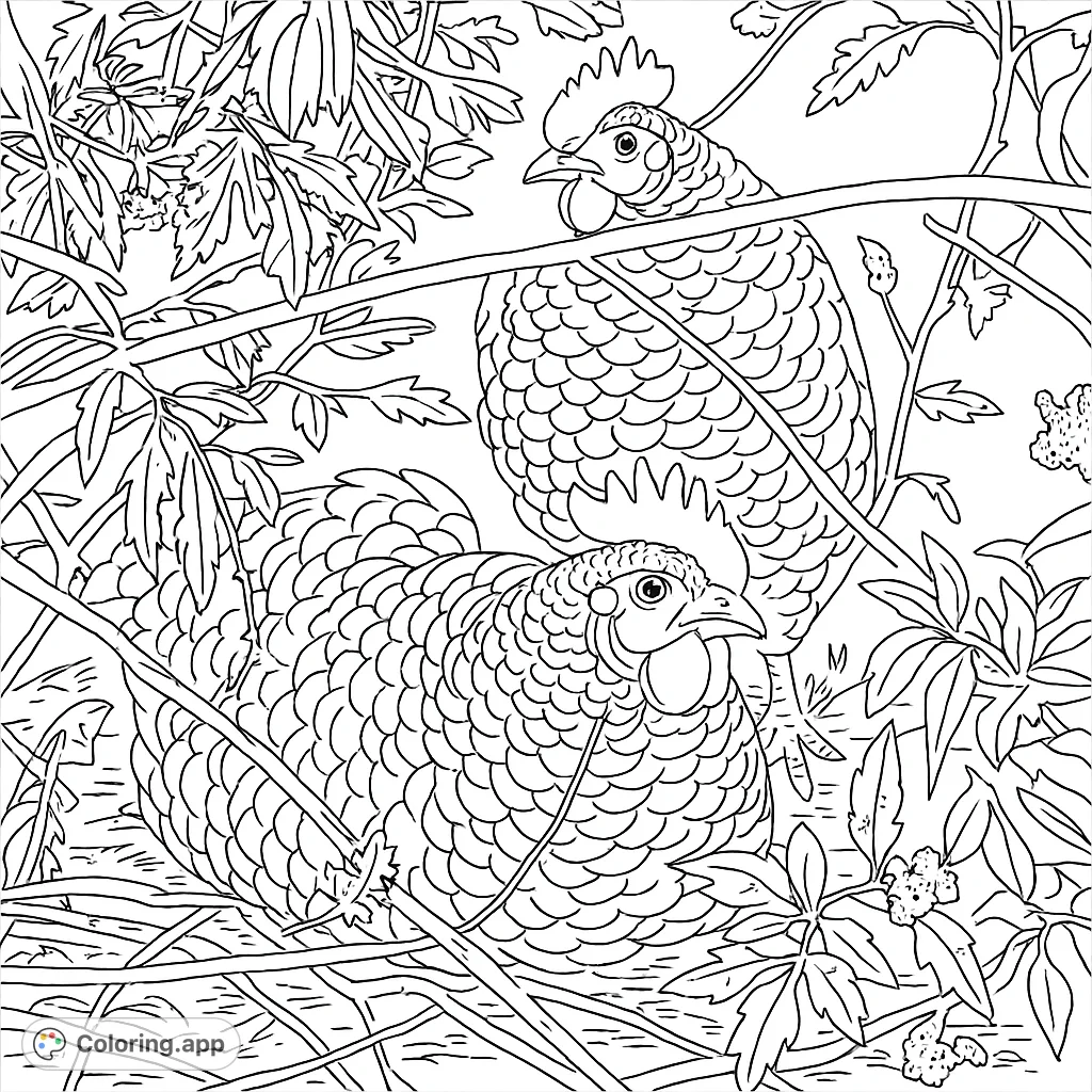 Discover two detailed barred fowl nestled among lush foliage. A captivating farm animal coloring page perfect for nature enthusiasts and detailed coloring.