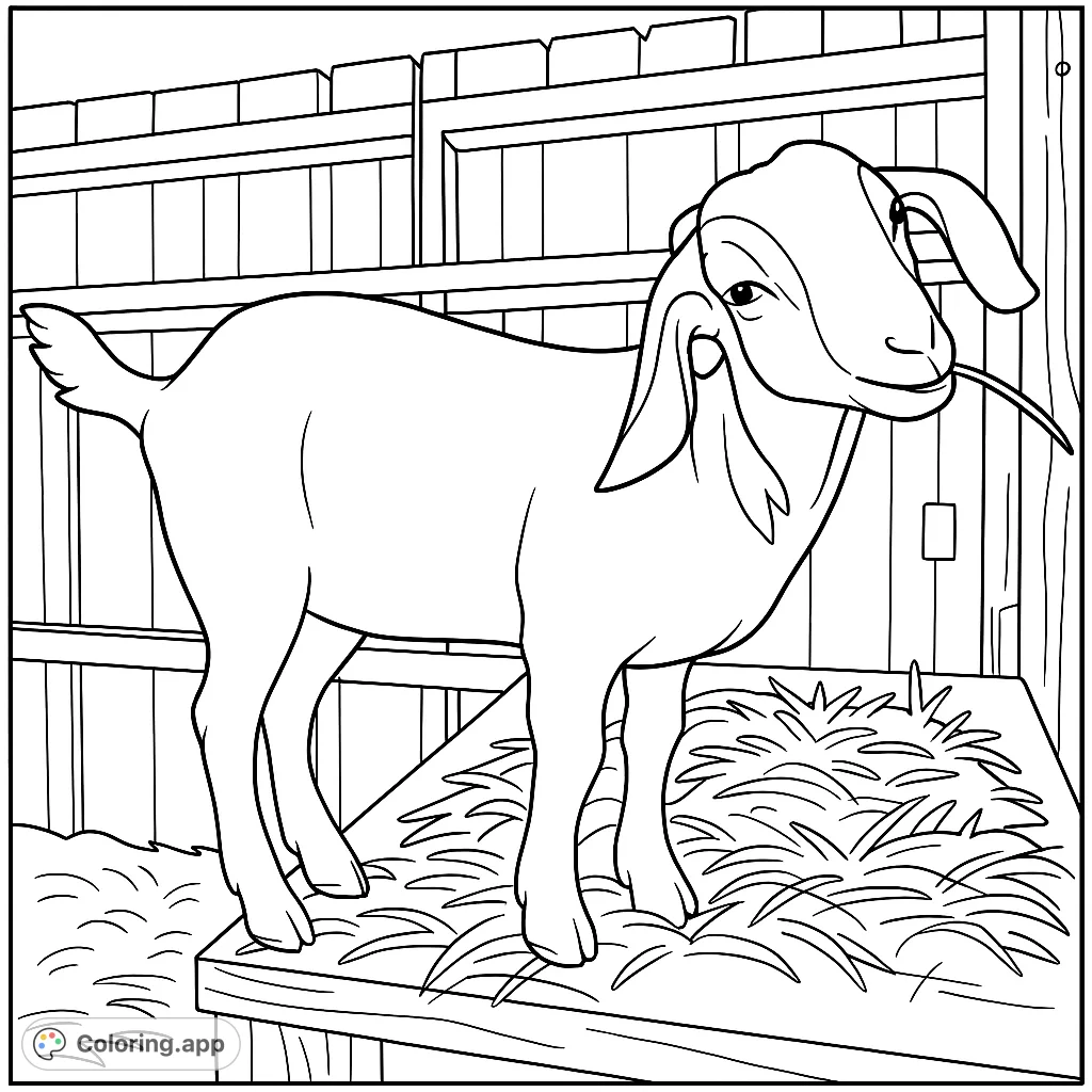 A charming goat stands on a hay-covered platform in a rustic barn, ready for a creative coloring adventure. Perfect for animal lovers!