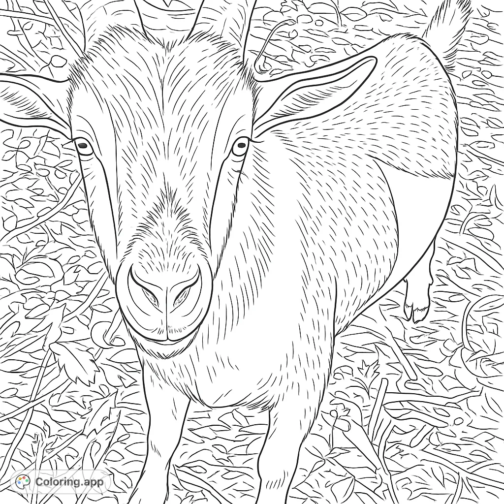 A charming goat with expressive eyes and horns, standing among fallen leaves. Perfect for animal lovers to color and enjoy this free printable coloring page.