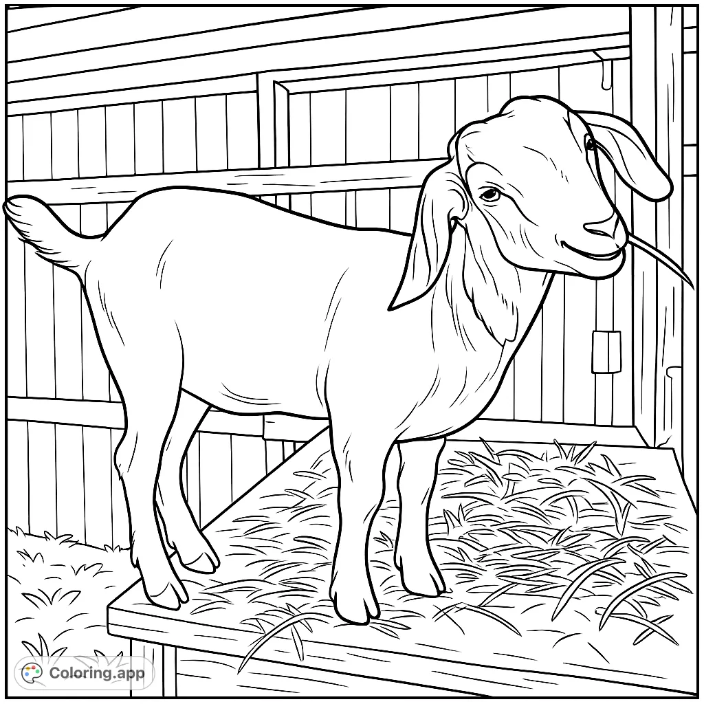 A charming goat stands on a hay-covered wooden platform in a barn, offering a delightful farm animal coloring page for all ages.