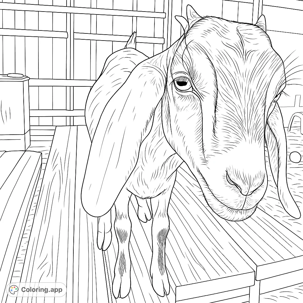 A charming young goat with long ears and distinctive facial markings, standing on wooden planks in a barn setting. Perfect for animal lovers.