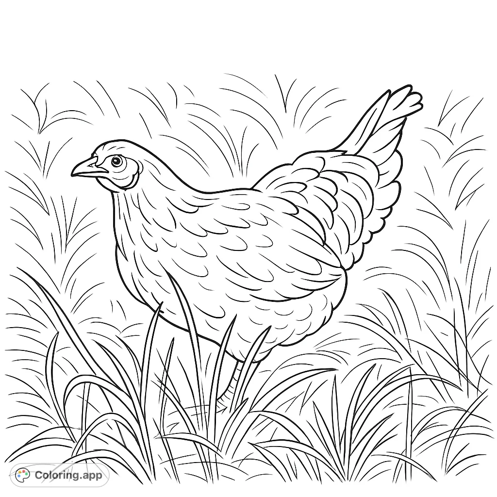 A detailed coloring page featuring a farm chicken standing in a field of textured grass. Perfect for animal lovers and nature enthusiasts.