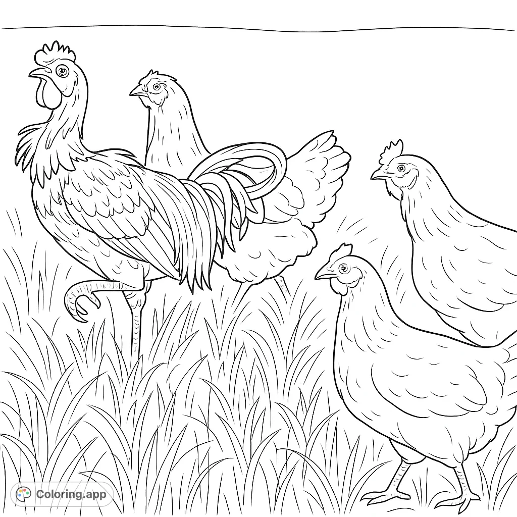A charming farmyard scene featuring a unique rooster and two hens amidst a field of textured grass, perfect for a relaxing coloring experience.