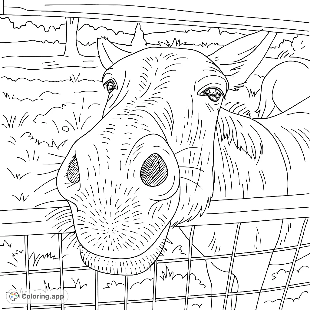 A friendly donkey peeks through a fence, inviting you to bring its charming features to life with your favorite colors. A delightful farm animal coloring page.