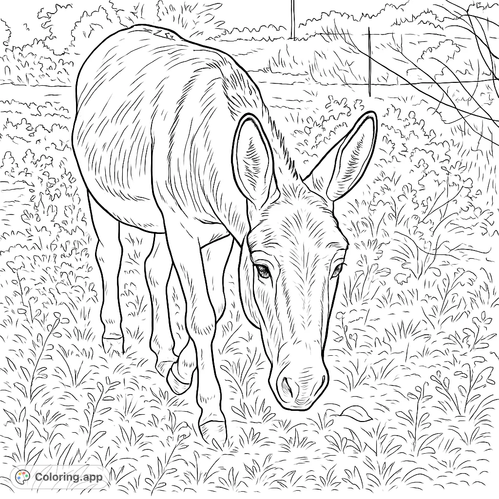 A charming donkey grazes peacefully in a field, offering a delightful and serene animal coloring page for all ages to enjoy.