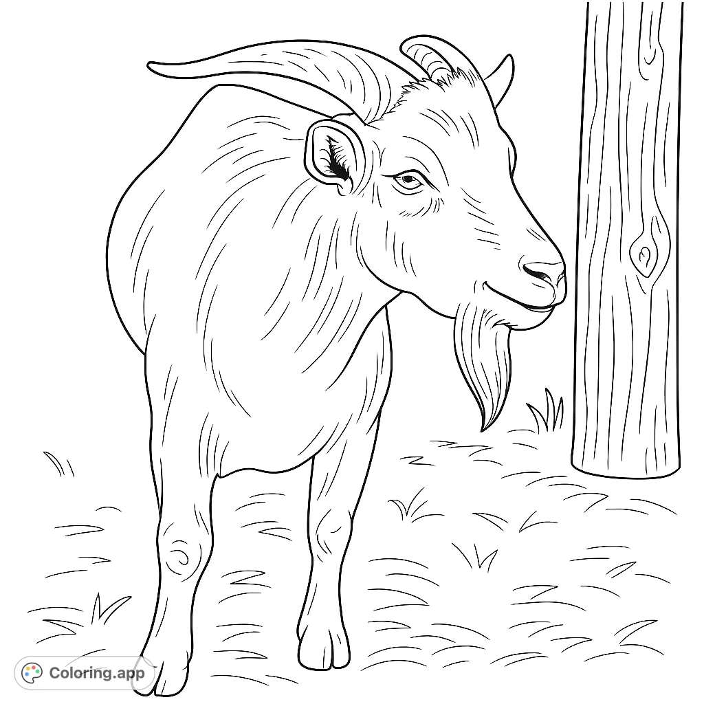 Discover a charming goat coloring page, perfect for animal lovers. Features a detailed goat with horns and beard on a farm setting.