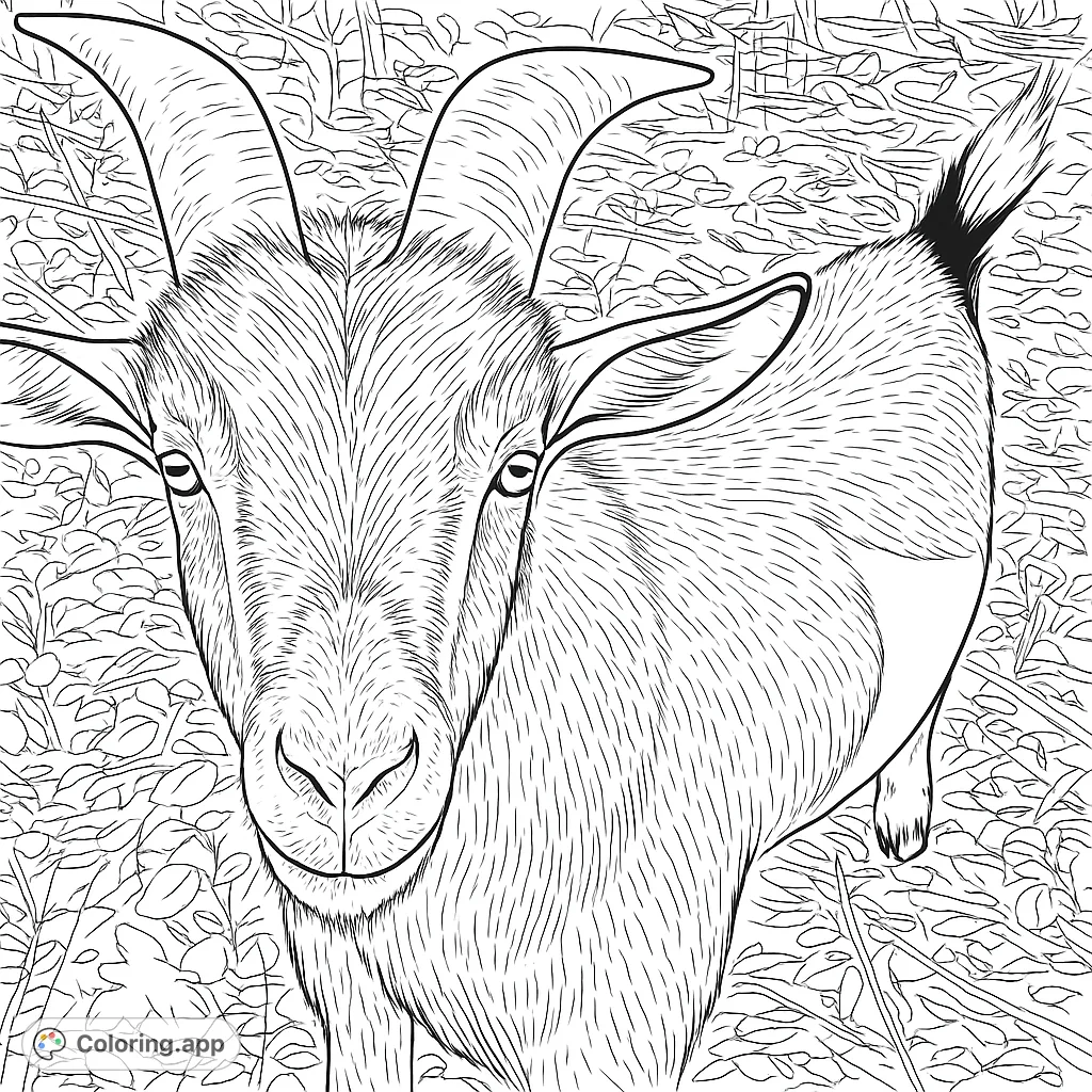 A captivating goat coloring page featuring a horned goat with detailed fur and expressive eyes, set against a natural forest floor background.