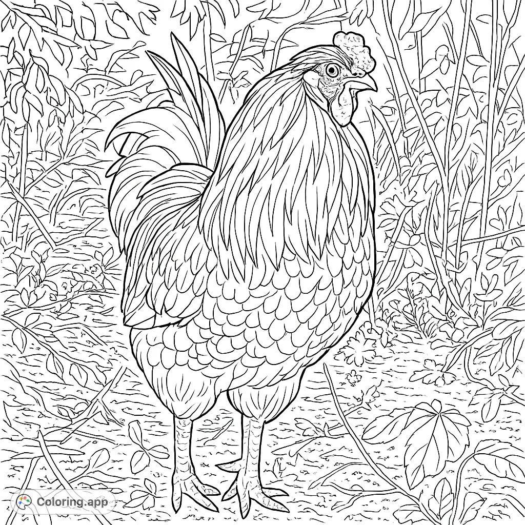 A detailed rooster coloring page featuring a majestic bird with intricate feather patterns in a natural setting. Perfect for farm animal enthusiasts.