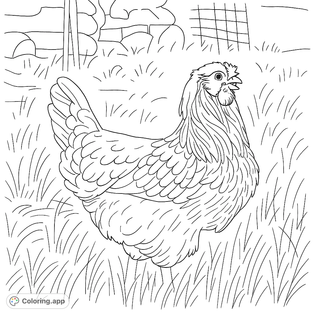 A detailed coloring page featuring a proud hen standing in a grassy field, with a woodpile and fence in the background. Perfect for animal lovers.