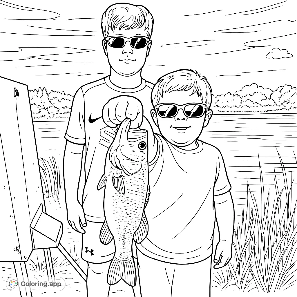 Two boys proudly display their large fish catch by a serene pond, surrounded by nature. A perfect fishing coloring page for young adventurers!